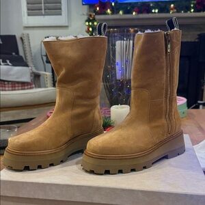 Tan Suede Shearling Mid-Calf Boots